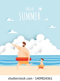 Dad and son with swim ring with Beautiful beach and sky background paper art and pastel color scheme vector illustation