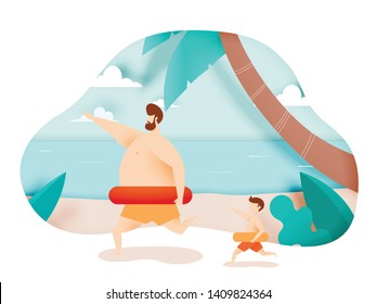 Dad and son with swim ring with Beautiful beach and sky background paper art and pastel color scheme vector illustation