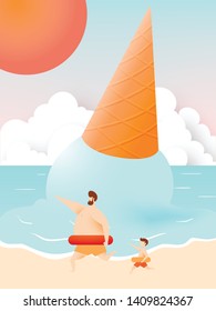 Dad and son with swim ring with Beautiful beach and sky background paper art and pastel color scheme vector illustation