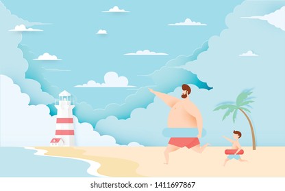 Dad and son with swim ring with Beautiful beach and sky background paper art and pastel color scheme vector illustration