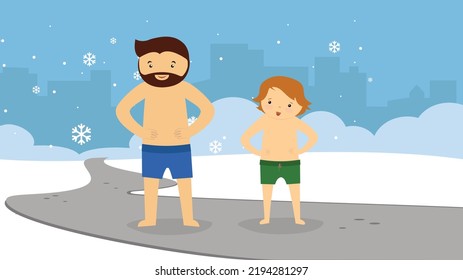 Dad and son in swimming trunks stand on the path in the winter park