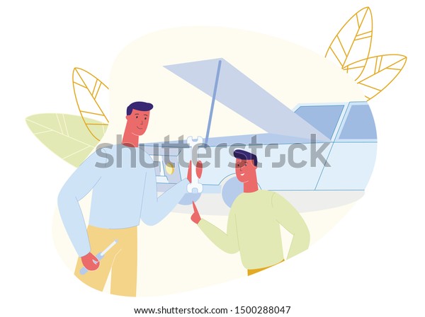 Dad\
and Son with Tool in Hand Repair Car Together. Man Repair Blue Car.\
Work Together. Construction Tools in Hand. Vector Illustration.\
Father Talking with Son. Boy Shows Hand on\
Wrench.