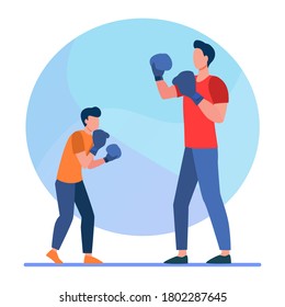 Dad and son training boxing skills. Man and teen boy wearing gloves, fighting flat vector illustration. Sport, martial arts concept for banner, website design or landing web page