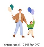 Dad and son walking with balloons. Happy father and boy kid celebrating holiday outdoors, holding helium baloons in hands. Festive family smiling. Flat vector illustration isolated on white background