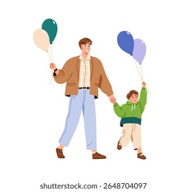 Dad and son walking with balloons. Happy father and boy kid celebrating holiday outdoors, holding helium baloons in hands. Festive family smiling. Flat vector illustration isolated on white background