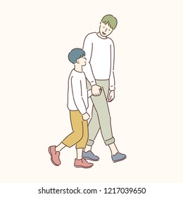 Dad and son are walking hand in hand affectionately. hand drawn style vector design illustrations.