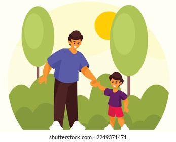 Dad and son are walking hand in hand in the city park. Father telling his son a story. Vector graphics