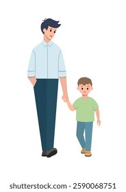 Dad and son are walking, holding hands. Color vector illustration.