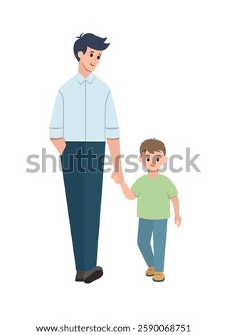 Dad and son are walking, holding hands. Color vector illustration.