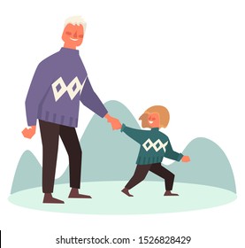 Dad and son walking outdoors on snowy day, holding hands. Or grandpa and grandson wearing similar print knitted sweaters. Parent with kid during winter holidays walk in park. Vector illustration.
