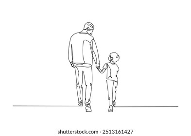 Dad and son walking together continuous one line drawing. Father's day concept in single line art illustration. Editable vector.  