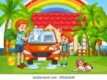 Dad and son washing car in backyard illustration