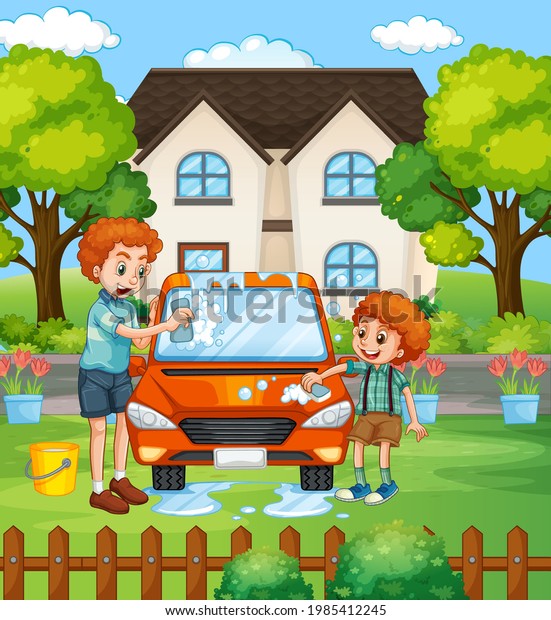 Dad and son washing car in front of the\
house scene illustration