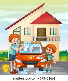 Dad and son washing car at home illustration