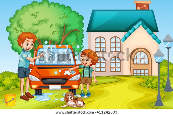 Dad and son\
washing car at home\
illustration