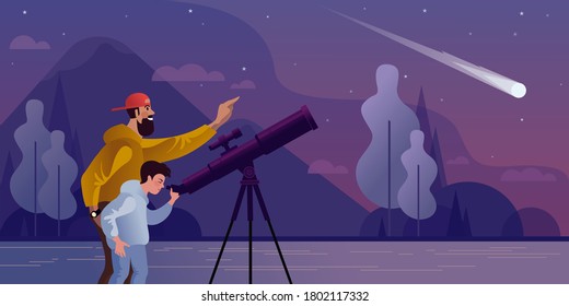 Papá e hijo ven caer un cometa a través de un telescopio. Ilustración vectorial plana.