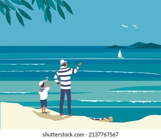 Dad, Son watching sea life scenic view. Happy Fathers day concept. Father, kid boy travel together vector. Family active leisure on sea beach cartoon illustration. Seaside coast landscape background