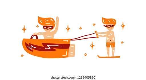 Dad and son waterskiing. Vector illustration