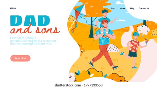 Dad and son website banner design with characters of man and children walking together, flat vector illustration. Family lifestyle and responsible parenthood.