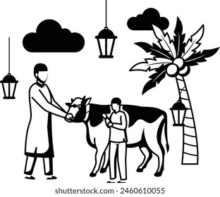 Icono de Vector de vaca, símbolo de Eid al-Azha o Eid ul Kabir, símbolo de Hajj, festival religioso musulmán Ilustración de stock, carnicero con animal de sacrificio y concepto de propietario