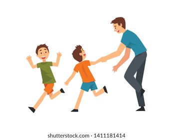 Dad and Sons Playing Catch Up and Tag Game, Father and His Children Having Good Time Together, Best, Dad, Happy Family Cartoon Vector Illustration