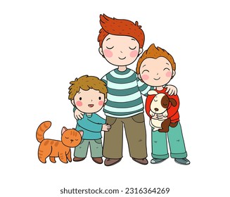 Dad and sons. Three brothers. Three friends and their pets a cat and a dog. Cute cartoon boys.