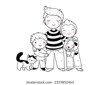 Dad and sons. Three brothers. Three friends and their pets a cat and a dog.Monochrome versions.