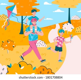 Dad and sons walking and playing together in the summer park or nature. A happy family has fun with a kite. Father Day. Vector flat cartoon illustration