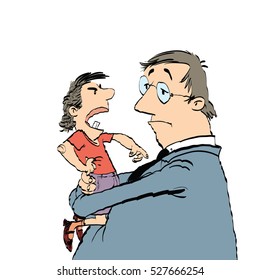 Dad and a spoiled child, hand drawn vector illustration. The boy bully. Color illustration