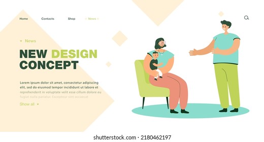 Dad Standing Next To Mom Sitting On Chair And Holding Toddler. Man Reaching Hands For Woman With Child Flat Vector Illustration. Family, Communication Concept For Banner Or Landing Web Page