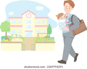 Dad in suit picking up and dropping off baby from nursery school