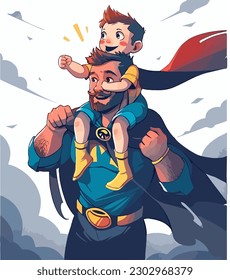 Papá con traje de superhéroe sostiene a un hijo sobre sus hombros. Tarjeta de felicitación del día del Padre Feliz. Caricatura