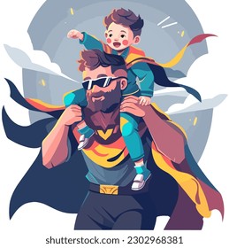 Papá con traje de superhéroe sostiene a un hijo sobre sus hombros. Tarjeta de felicitación del día del Padre Feliz. Caricatura