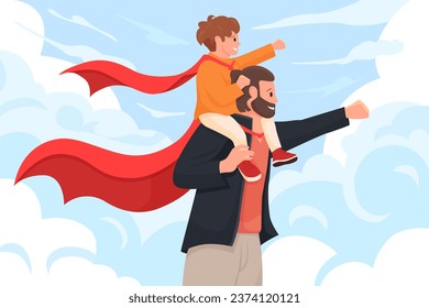 Papá superhéroe, escena familiar para la ilustración vectorial de la tarjeta de saludo del Día del Padre. Caricatura feliz papi con capa roja llevando al hijo sobre los hombros para proteger y jugar, hombre y niño con traje de héroe y posar