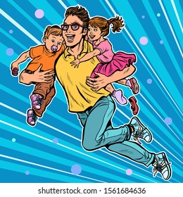 dad superhero flies and carries his daughter and son in his arms. paternity. Pop art retro vector illustration kitsch vintage