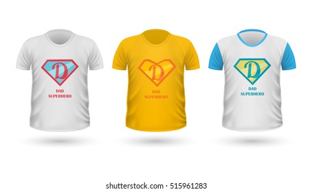 Dad superhero T-shirt front view isolated. White t-shirt. Realistic t-shirt vector in flat. Father s day celebration concept. Casual men wear. Cotton t-shirt unisex polo outfit. Fashionable apparel.