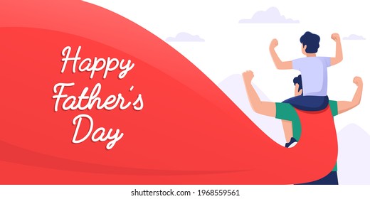 dad with superheroes costume carry son on his shoulder and clenched his hands up, Happy Fathers day design concept, can use for, landing page, template, ui, web, homepage, poster, banner, flyer