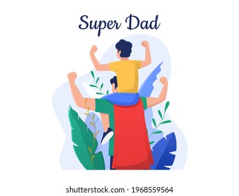 dad with superheroes costume carry son on his shoulder and clenched his hands up, Happy Fathers day design concept, can use for, landing page, template, ui, web, homepage, poster, banner, flyer