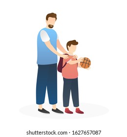 dad support his kid to play basketball. nurturing, care, good parenting, good nurturing, care, bonding, trust and support between parents and children. flat vector illustration