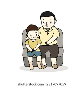 Dad supporting sad son, hand drawn style vector illustration