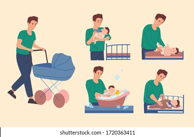 Dad Takes Care Of The Baby: He Walk With A Child, Changes The Diaper For The Baby, Bathes Him In The Bath, Feeds Him From The Bottle And Puts Him In Bed. Father Spends Time With His Son. Vector 