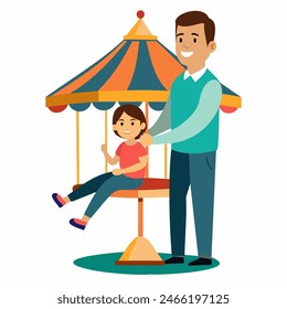 Papá lleva a su hija en un carrusel.  Arte conceptual para el Día del Padre. Ilustración vectorial plana en estilo de dibujos animados.