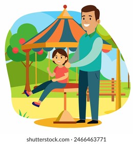 Papá lleva a su hija en un carrusel en el parque.  Arte conceptual para el Día del Padre. Ilustración vectorial plana en estilo de dibujos animados.