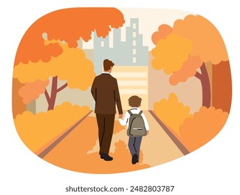 Dad takes his son to school. Boy and his father walk along the alley to school. Autumn landscape. Back to school