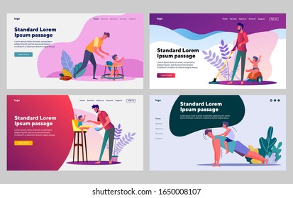 Dad taking care about little son set. Man feeding toddler boy, cleanup, exercise. Flat vector illustrations. Children, parenthood, home concept for banner, website design or landing web page