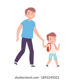 Dad Taking his Son to the School or Kindergarten, Parent and Kid Walking Together in Morning Cartoon Style Vector Illustration