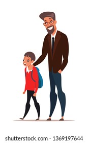 Dad taking son to school vector illustration. Excited first grader cartoon character. Schoolboy with backpack isolated clip art. Father and child walking. Teacher, principal with pupil flat drawing