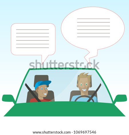 Dad is talking with his son in car Happy Father's Day Background. Vector illustration