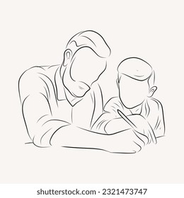 Dad teach son study line art illustration