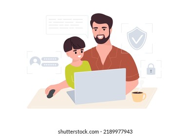 Dad Teaches Child Cyber Security On The Internet. Cyber Defense Tips For Kids. Safe Internet Concept. A Young Man Sits With A Child At A Laptop. Vector Illustration.